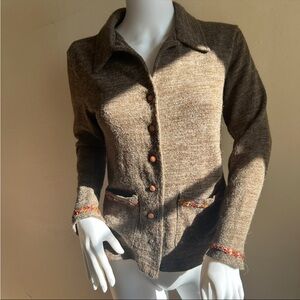 Vintage Y2K Marled Brown Knit Cardigan | Floral Embroidery | Small